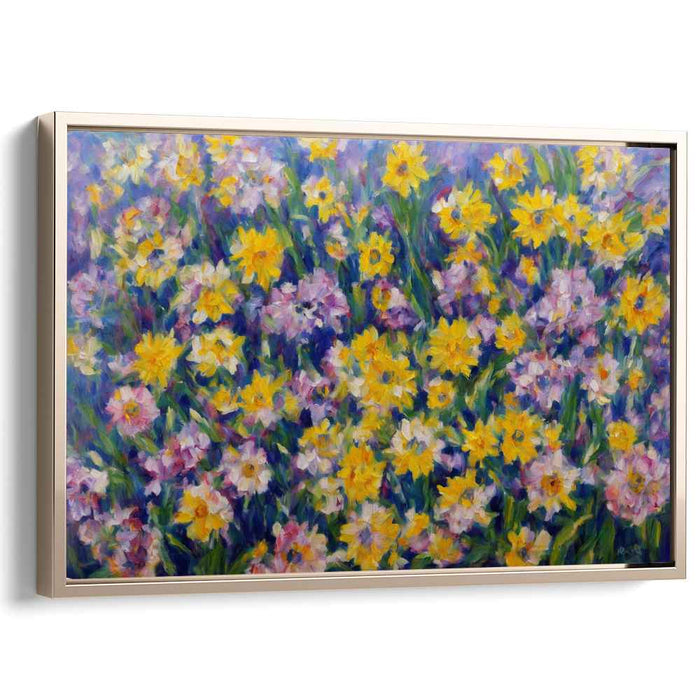 Aurora Blooming Meadow: Vibrant Yellow and Purple Wildflower Canvas Art