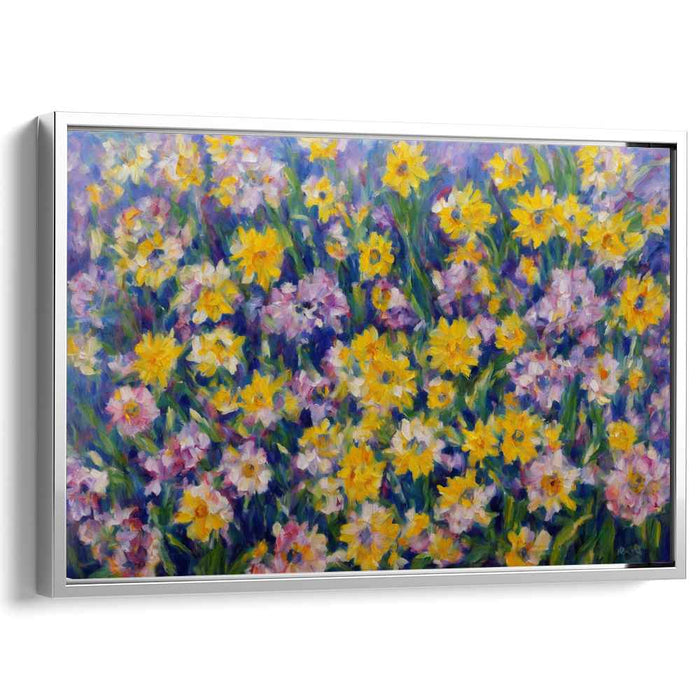 Aurora Blooming Meadow: Vibrant Yellow and Purple Wildflower Canvas Art