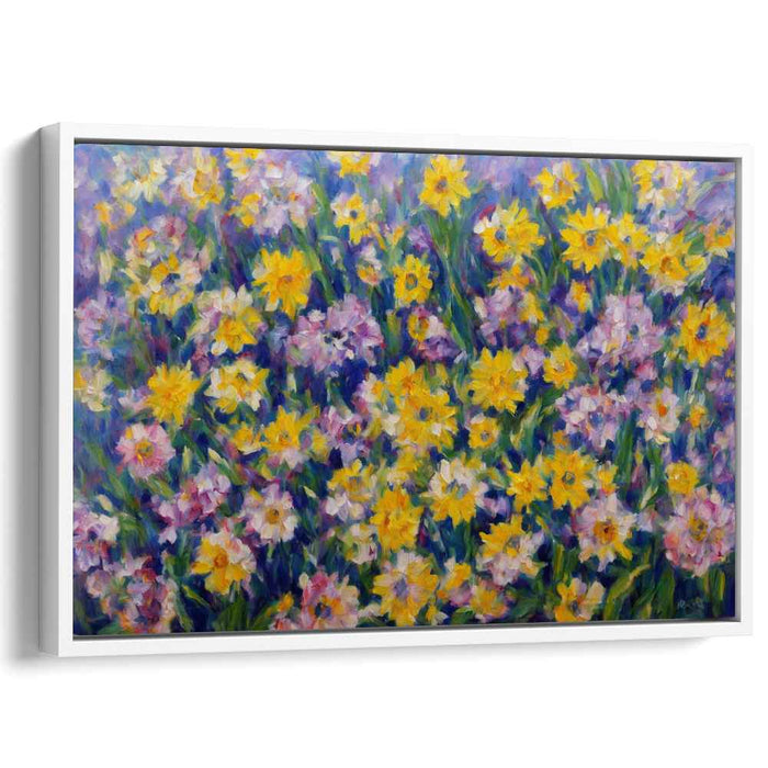 Aurora Blooming Meadow: Vibrant Yellow and Purple Wildflower Canvas Art