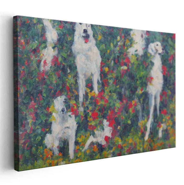Whimsical Canine Garden: Impressionist White Dog Canvas Art Print