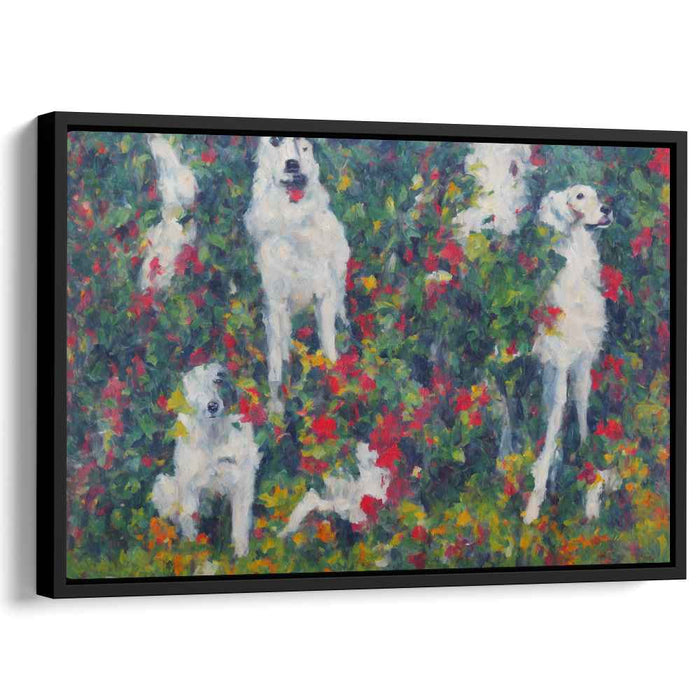 Whimsical Canine Garden: Impressionist White Dog Canvas Art Print