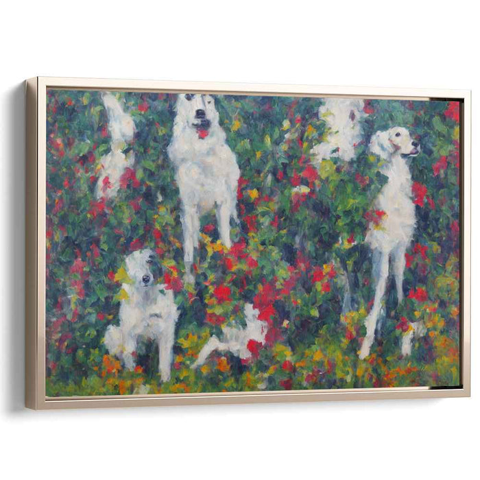 Whimsical Canine Garden: Impressionist White Dog Canvas Art Print