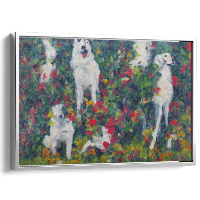 Whimsical Canine Garden: Impressionist White Dog Canvas Art Print