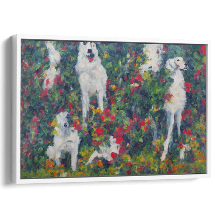Whimsical Canine Garden: Impressionist White Dog Canvas Art Print