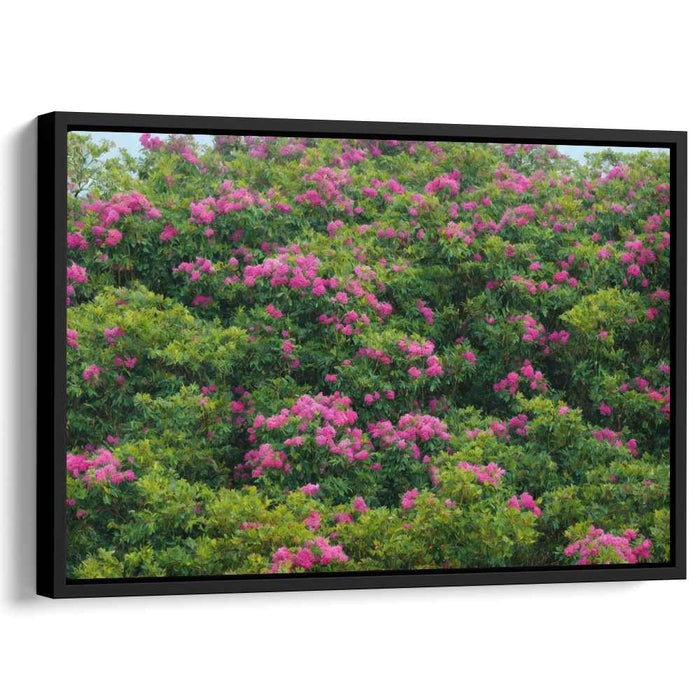 Floral Mirage in Eden: Lush Green and Radiant Pink Floral Landscape Canvas Art Print