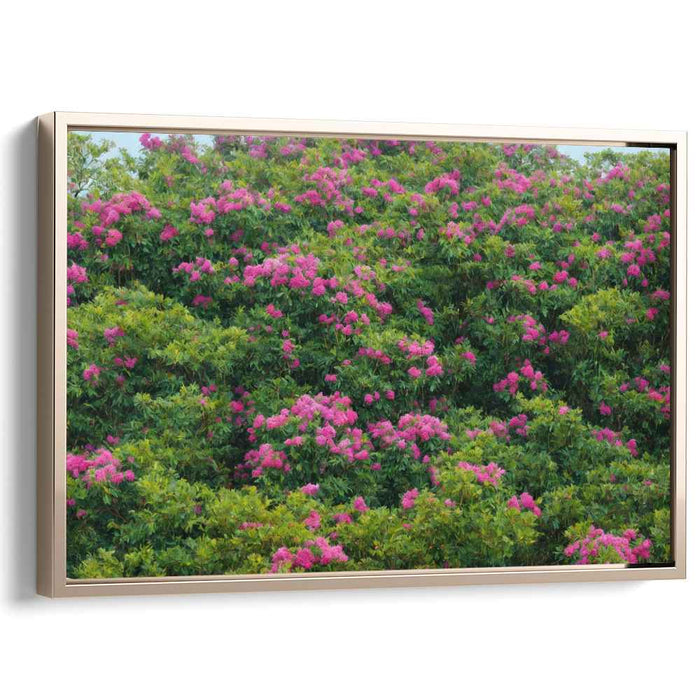 Floral Mirage in Eden: Lush Green and Radiant Pink Floral Landscape Canvas Art Print