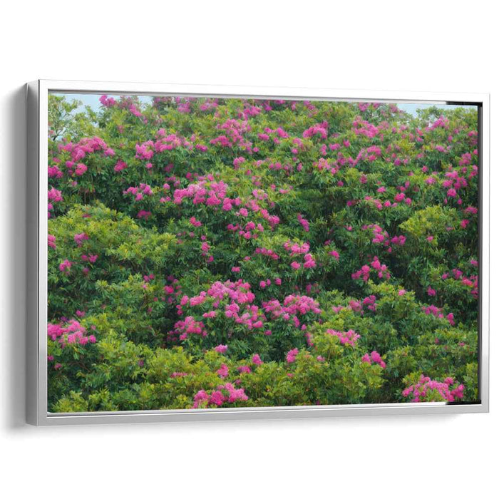 Floral Mirage in Eden: Lush Green and Radiant Pink Floral Landscape Canvas Art Print