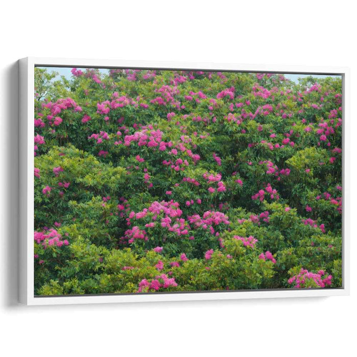 Floral Mirage in Eden: Lush Green and Radiant Pink Floral Landscape Canvas Art Print