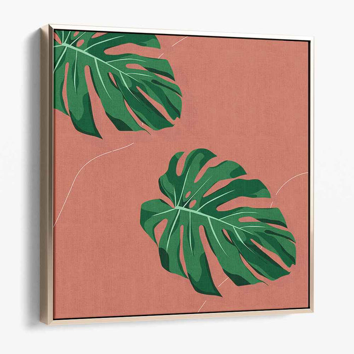 Subtle Surreal Foliage: Minimalist Monstera Leaves on Terracotta Canvas Art Print