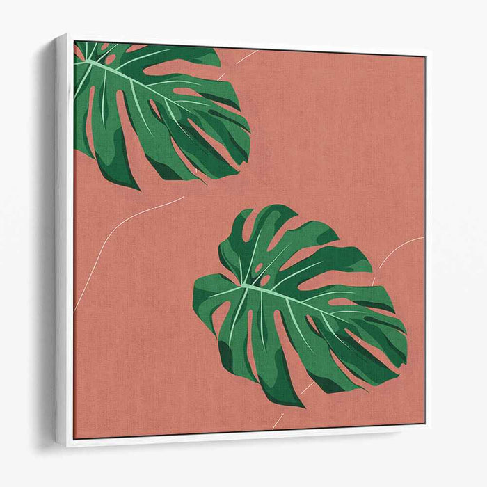 Subtle Surreal Foliage: Minimalist Monstera Leaves on Terracotta Canvas Art Print