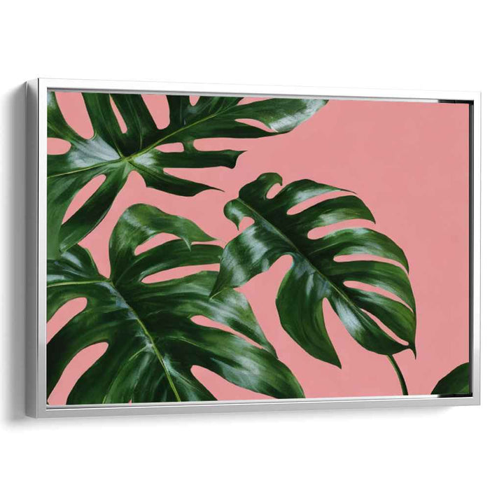 monstera plant pink Whimsical Jungle Dreams: Realistic Monstera Leaves on Pastel Pink Canvas Art Print — Kanvah