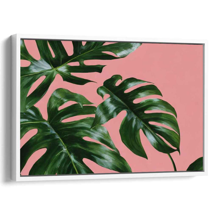 monstera plant art print Whimsical Jungle Dreams: Realistic Monstera Leaves on Pastel Pink Canvas Art Print — Kanvah