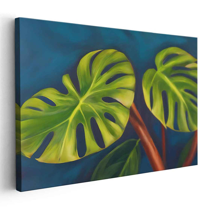 Whispering Jungle Shadows: Realistic Monstera Leaves on Teal Canvas Art