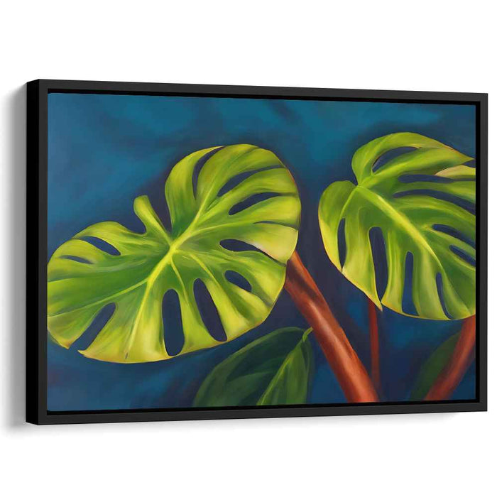 Whispering Jungle Shadows: Realistic Monstera Leaves on Teal Canvas Art