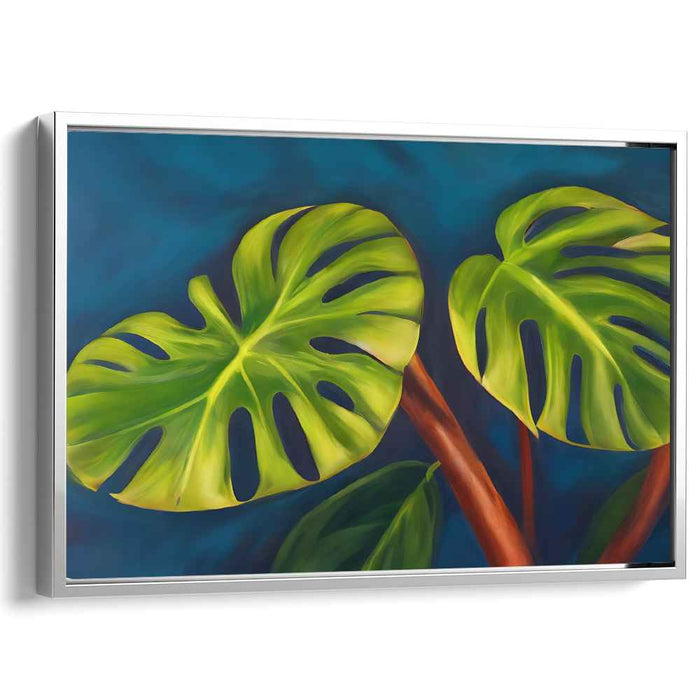 Whispering Jungle Shadows: Realistic Monstera Leaves on Teal Canvas Art