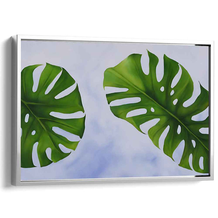 monstera canvas painting Whimsical Leaf Dance in Sky: Realistic Monstera Leaves on Sky-Blue Canvas Art — Kanvah