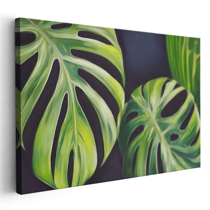 monstera canvas painting Veins of Jungle Serenity: Realistic Monstera Leaf Canvas Art Print — Kanvah