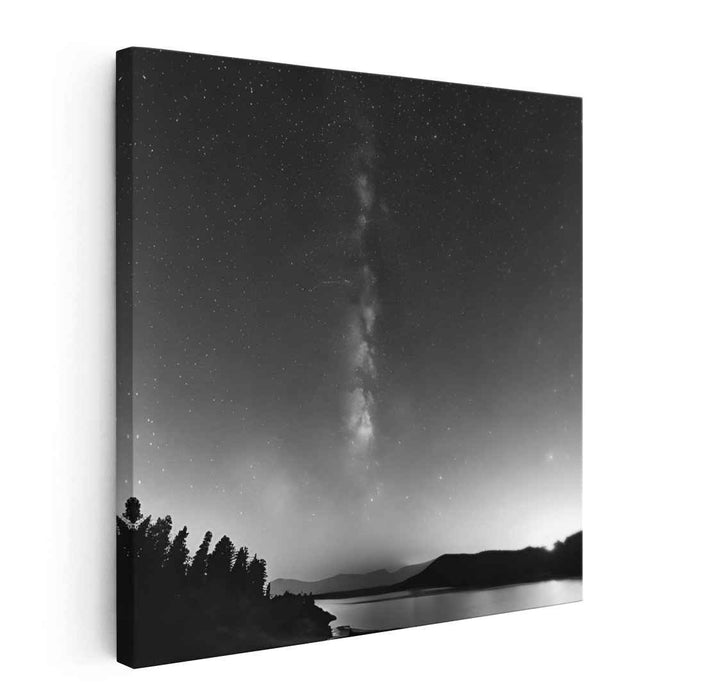 Inkblot Constellation Reflections: Black and White Milky Way over Tranquil Lake