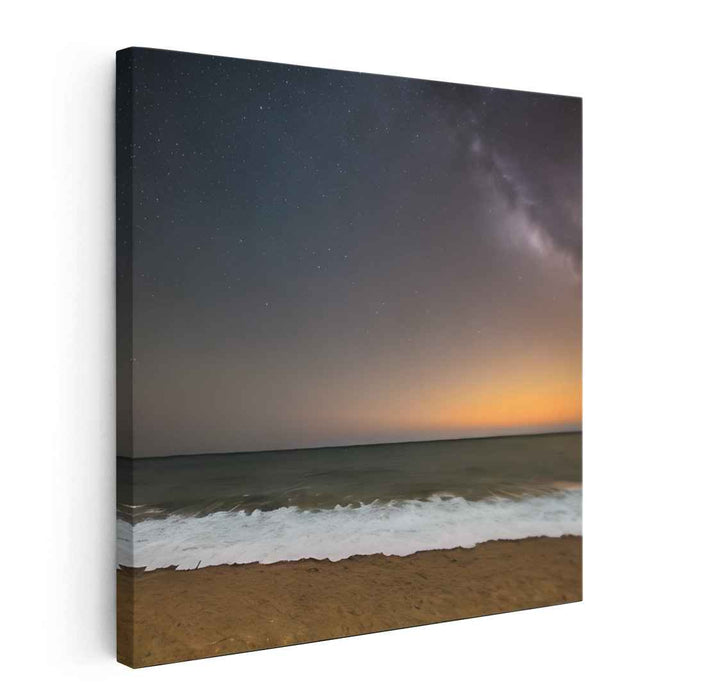 Starry Night Over Tranquil Seas: Captivating Beachscape and Cosmic Canvas Art