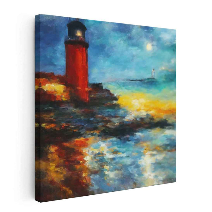 Twilight Vigil: Impressionist Seascape with Red Lighthouse Canvas Art