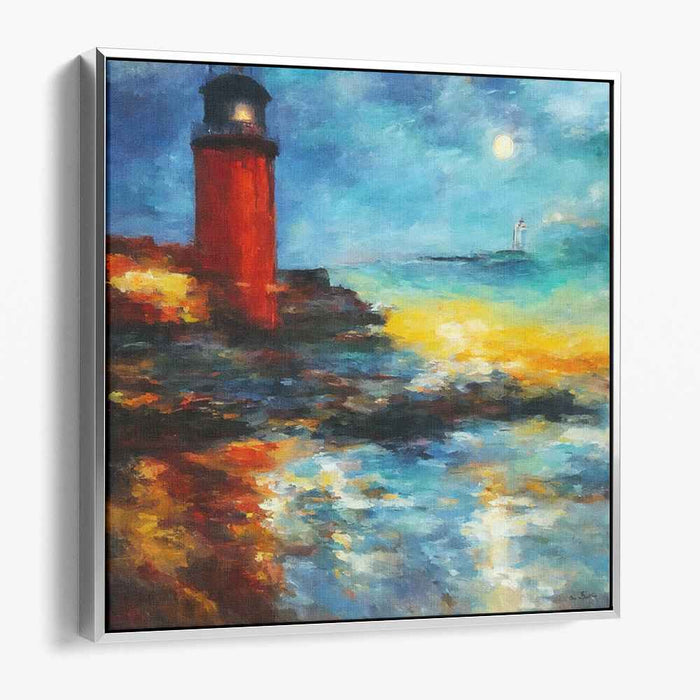 Twilight Vigil: Impressionist Seascape with Red Lighthouse Canvas Art