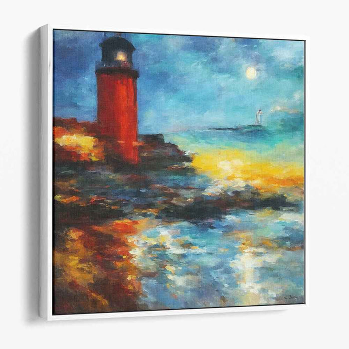 Twilight Vigil: Impressionist Seascape with Red Lighthouse Canvas Art