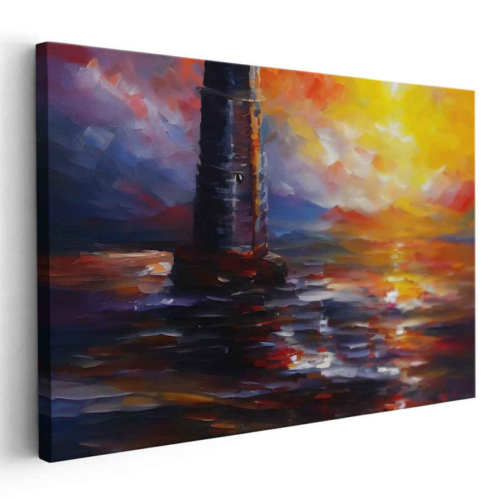 Ephemeral Lighthouse Glow: Vivid Sunset Lighthouse Seascape Canvas Art