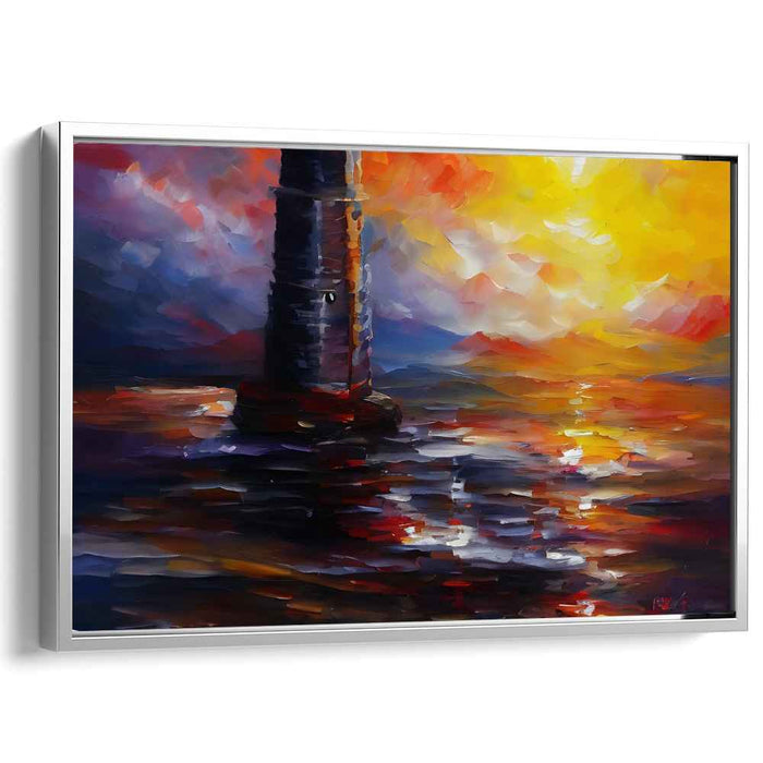 Ephemeral Lighthouse Glow: Vivid Sunset Lighthouse Seascape Canvas Art