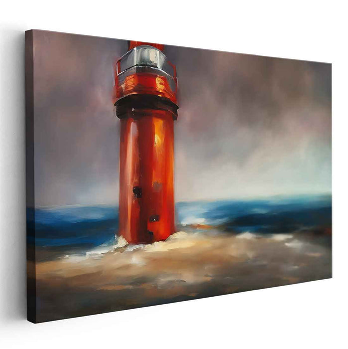 Crimson Beacon Amidst Tempest: Dramatic Red Lighthouse Against Stormy Seas Canvas Art Print