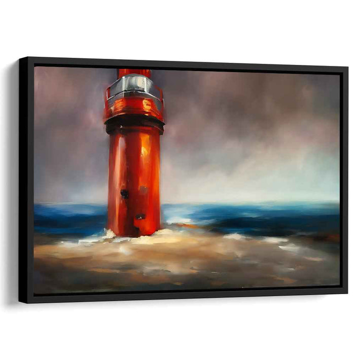 Crimson Beacon Amidst Tempest: Dramatic Red Lighthouse Against Stormy Seas Canvas Art Print