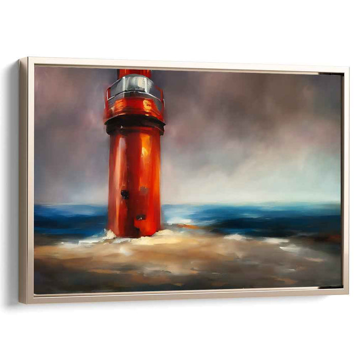 Crimson Beacon Amidst Tempest: Dramatic Red Lighthouse Against Stormy Seas Canvas Art Print