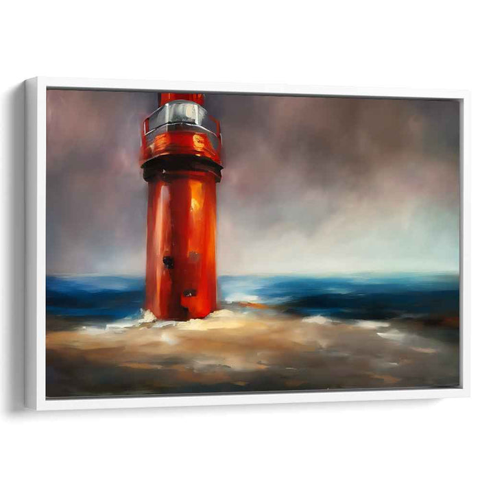 Crimson Beacon Amidst Tempest: Dramatic Red Lighthouse Against Stormy Seas Canvas Art Print