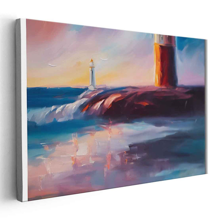 Guiding Light Melodies: Coastal Sunset Lighthouse Canvas Art Print