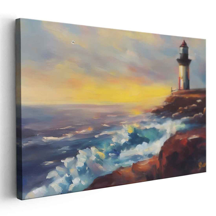 Guiding Seas' Song: Lighthouse Overlooking Crashing Waves Canvas Art Print