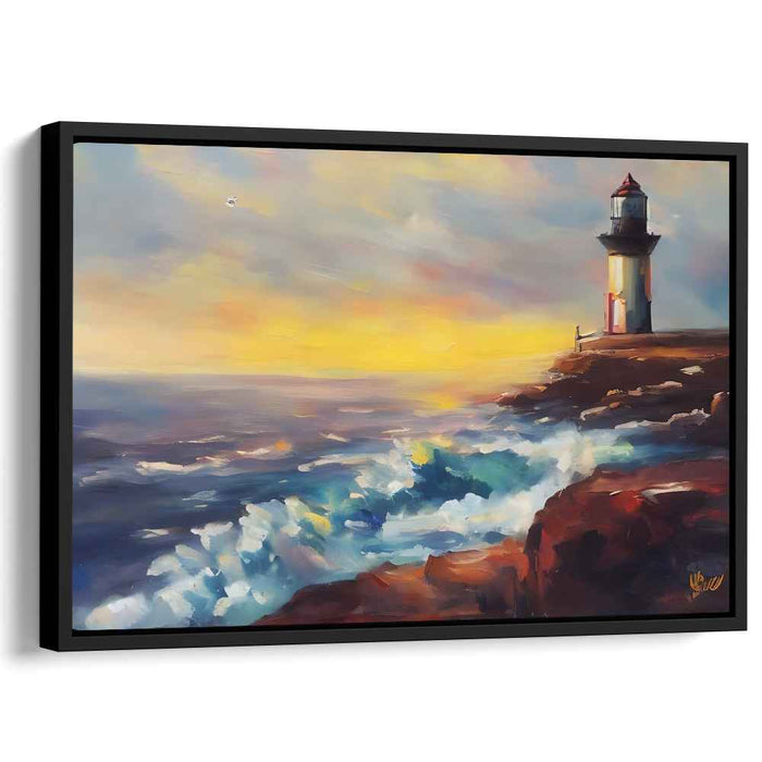 Guiding Seas' Song: Lighthouse Overlooking Crashing Waves Canvas Art Print