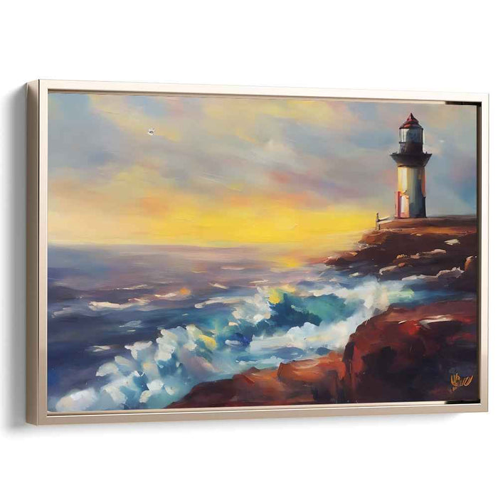 Guiding Seas' Song: Lighthouse Overlooking Crashing Waves Canvas Art Print