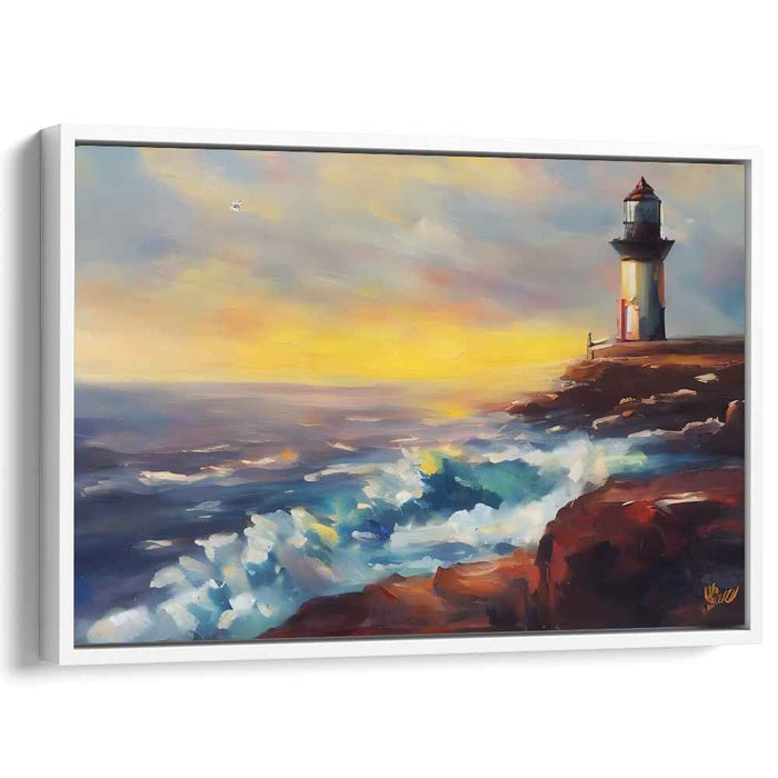 Guiding Seas' Song: Lighthouse Overlooking Crashing Waves Canvas Art Print