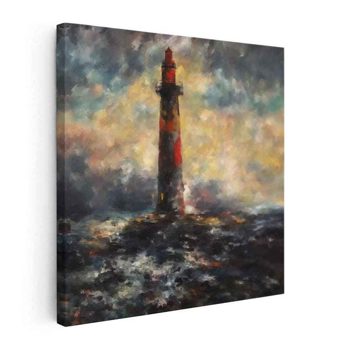 Guiding Light Aglow: Impressionistic Lighthouse in Turbulent Seas Canvas Art