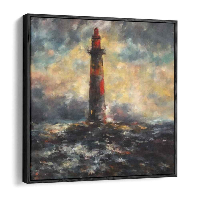 Guiding Light Aglow: Impressionistic Lighthouse in Turbulent Seas Canvas Art