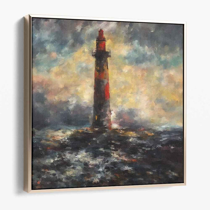 Guiding Light Aglow: Impressionistic Lighthouse in Turbulent Seas Canvas Art