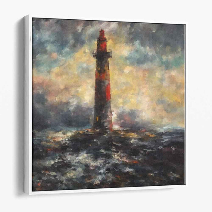 Guiding Light Aglow: Impressionistic Lighthouse in Turbulent Seas Canvas Art