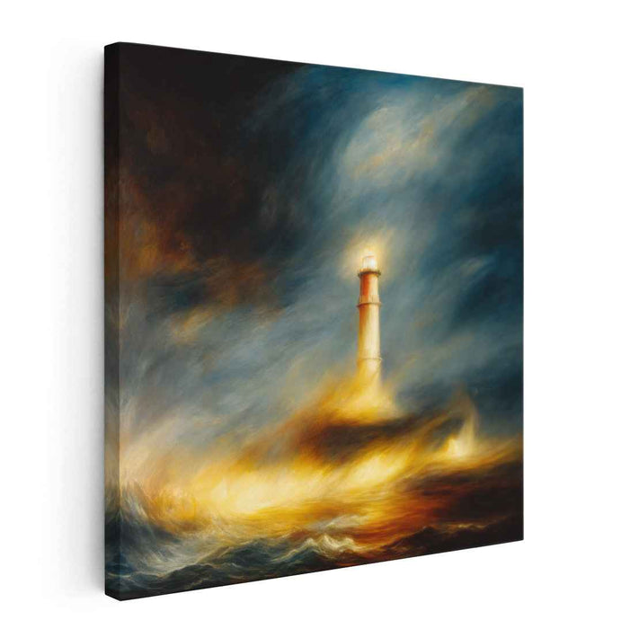 Beacon of Stormy Horizon: Dramatic Lighthouse in Tempestuous Seas Canvas Art Print