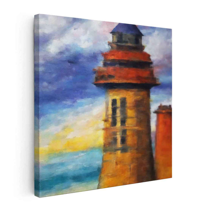 Misty Beacon Glow: Impressionist Lighthouse at Dawn Canvas Art Print