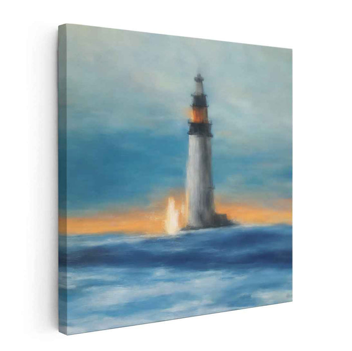 Waves Embrace Twilight Beacon: Romantic Seascape with Majestic Lighthouse