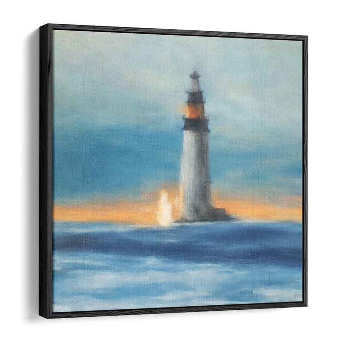 Waves Embrace Twilight Beacon: Romantic Seascape with Majestic Lighthouse