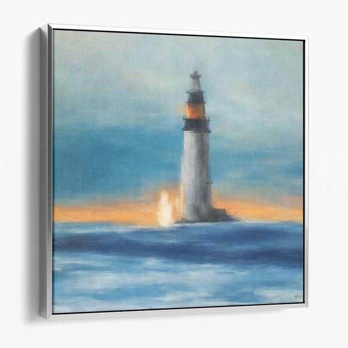 Waves Embrace Twilight Beacon: Romantic Seascape with Majestic Lighthouse