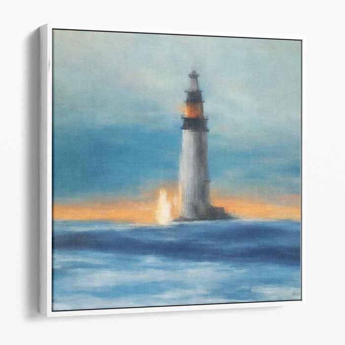 Waves Embrace Twilight Beacon: Romantic Seascape with Majestic Lighthouse