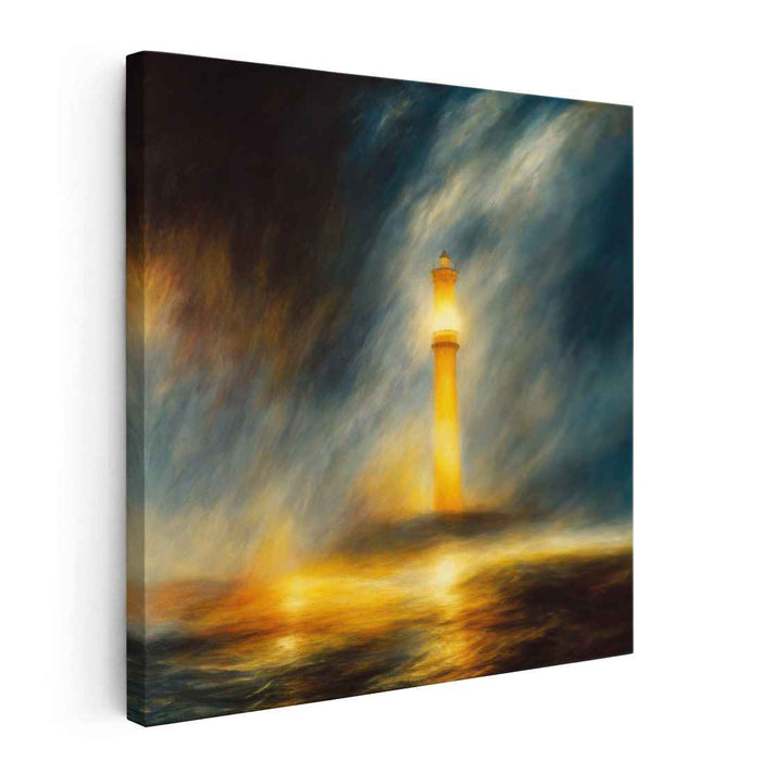 Moonlit Beacon Drama: Dramatic Lighthouse at Night Canvas Art Print