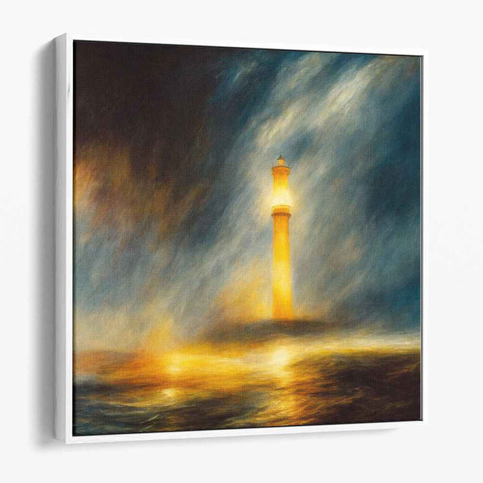 Moonlit Beacon Drama: Dramatic Lighthouse at Night Canvas Art Print