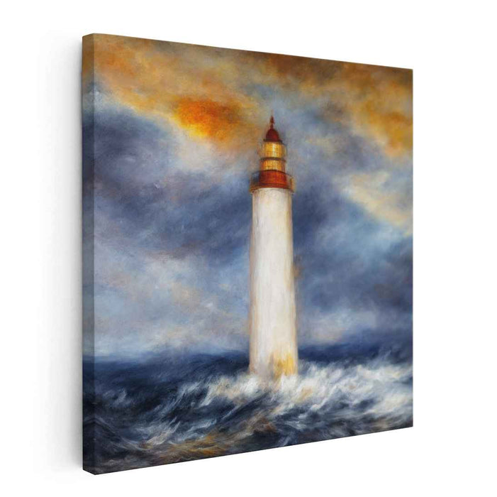 Tempest's Beacon Shines Brightly: Dramatic Lighthouse in Stormy Seas Canvas Art Print